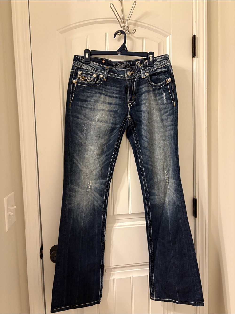 Miss Me Dark Blue Flare Jeans with Embellished Pockets